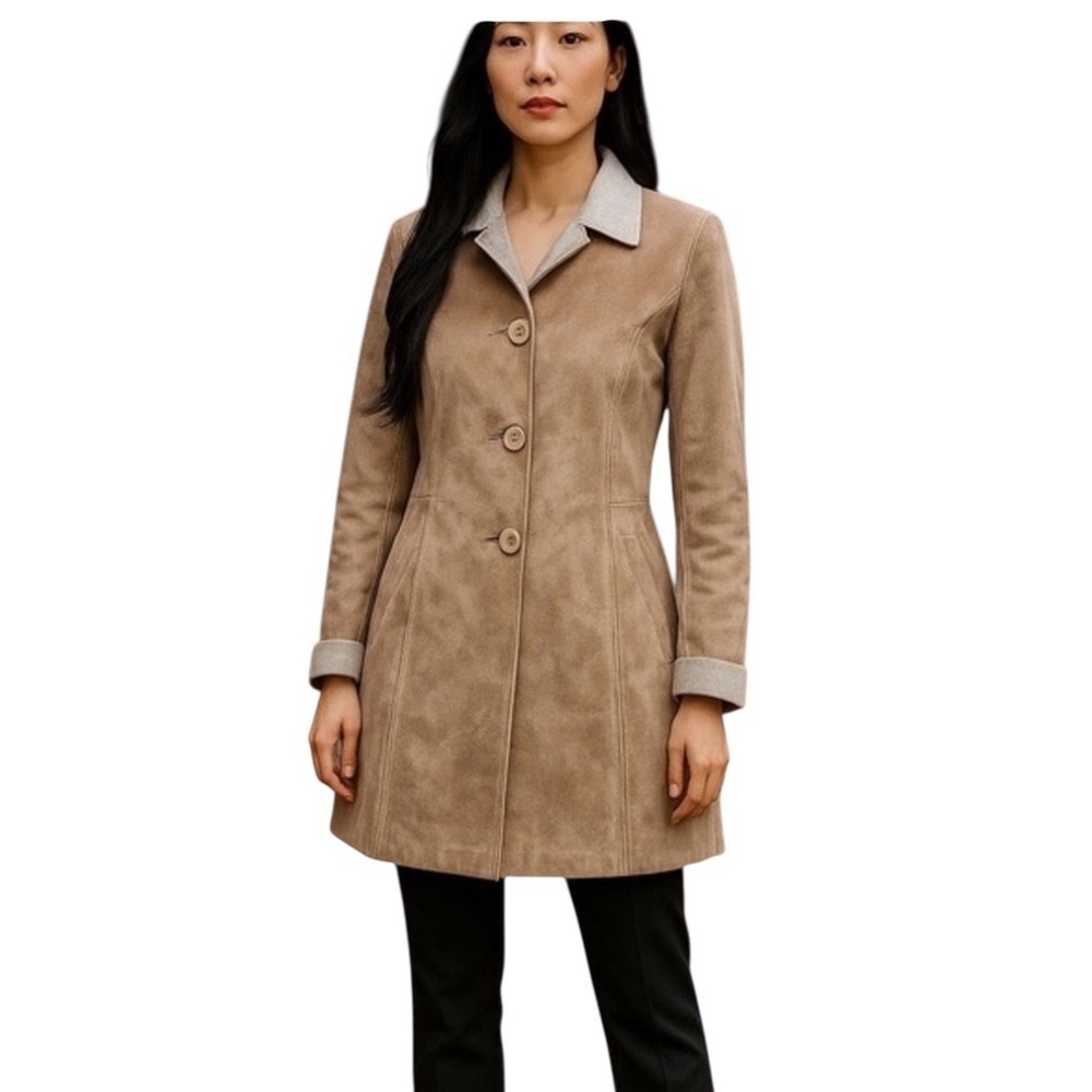 Lauren U. Faux Suede Tan Coat Women’s Size Small – Classic Longline Jacket